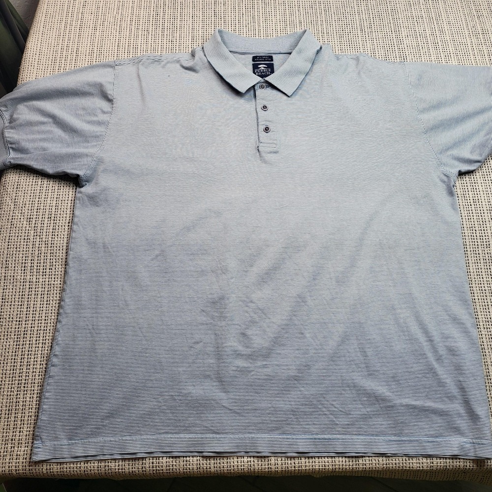 Pebble Beach Polo Shirt Mens 2XL Blue‎ Striped Mercerized Cotton Pocket Golf